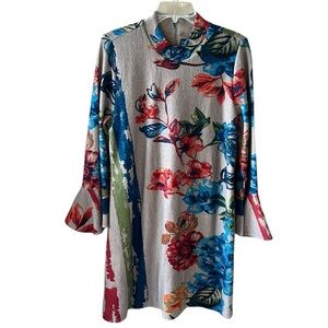 Context By Lord And Taylor L Floral Bohemian Swing Dress Bell Sleeve Mock Neck